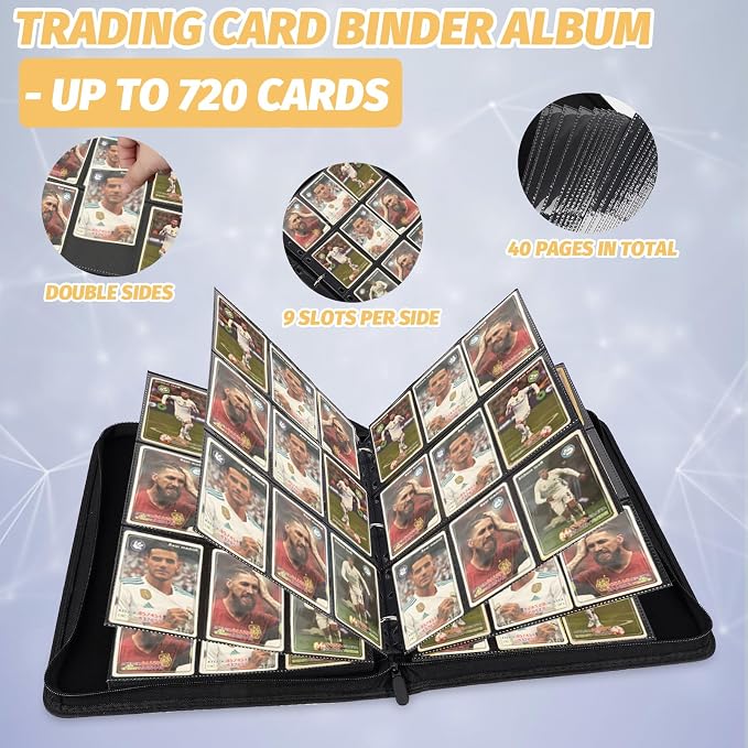 GERMUN 3 Ring 9 Pocket Zipper Card Binder, 720 Double Sided Standard PU Trading Card Album Folder for TCG & Sports Cards, Not Fit Top Loaders (yellow)
