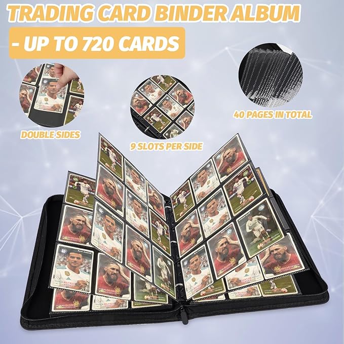 GERMUN 3 Ring 9 Pocket Zipper Card Binder, 720 Double Sided Standard PU Trading Card Album Folder for TCG & Sports Cards, Not Fit Top Loaders (Blue)