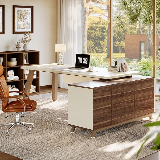 Tribesigns 78.7" L-Shaped Executive Desk, Modern Office Desk with File Drawers & Storage Shelves, Large Computer Desk with 55-Inch Cabinet, Business Workstation for Home Office, Beige & Walnut