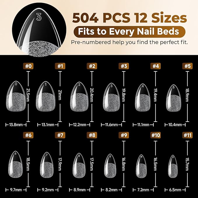 UNA GELLA Short Almond Nail Tips: 504PCS Short Fake Nails Soft Press On Gel Nail Tips Pre Shaped Almond Shape Home Nail Extension Full Cover, 12 Sizes Acrylic Gelly Tips