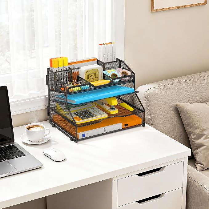 4 Tier Metal Desk Organizer with Magazine File Holder, Black | Space saving workspace desk file trays. Includes pencil holder and portable handles. Ideal for school and office supplies