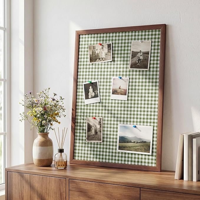 Leinuosen 17 x 23 Cork Board for Walls Decorative Cork Boards Green Gingham Home Decor Small Linen Bulletin Board Framed with Pins for Home Room School Office Decor