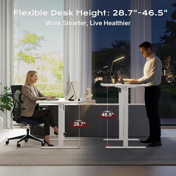 Huuger Electric Standing Desk with Power Outlets and USB-C Port, 55 X 24 Inch Height Adjustable Desk, Sit Stand Desk for Home Office, Computer & Gaming Desk with 4 Presets, Stable Steel Frame, White