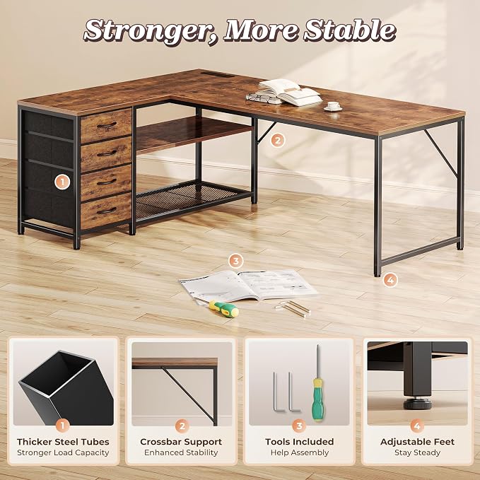 61" L Shaped Desk with Power Outlets & 4 Drawers | Reversible Computer Desk with 2 Storage Shelves, Large Corner Office Desk for Gaming Writing Work Study, Rustic Brown
