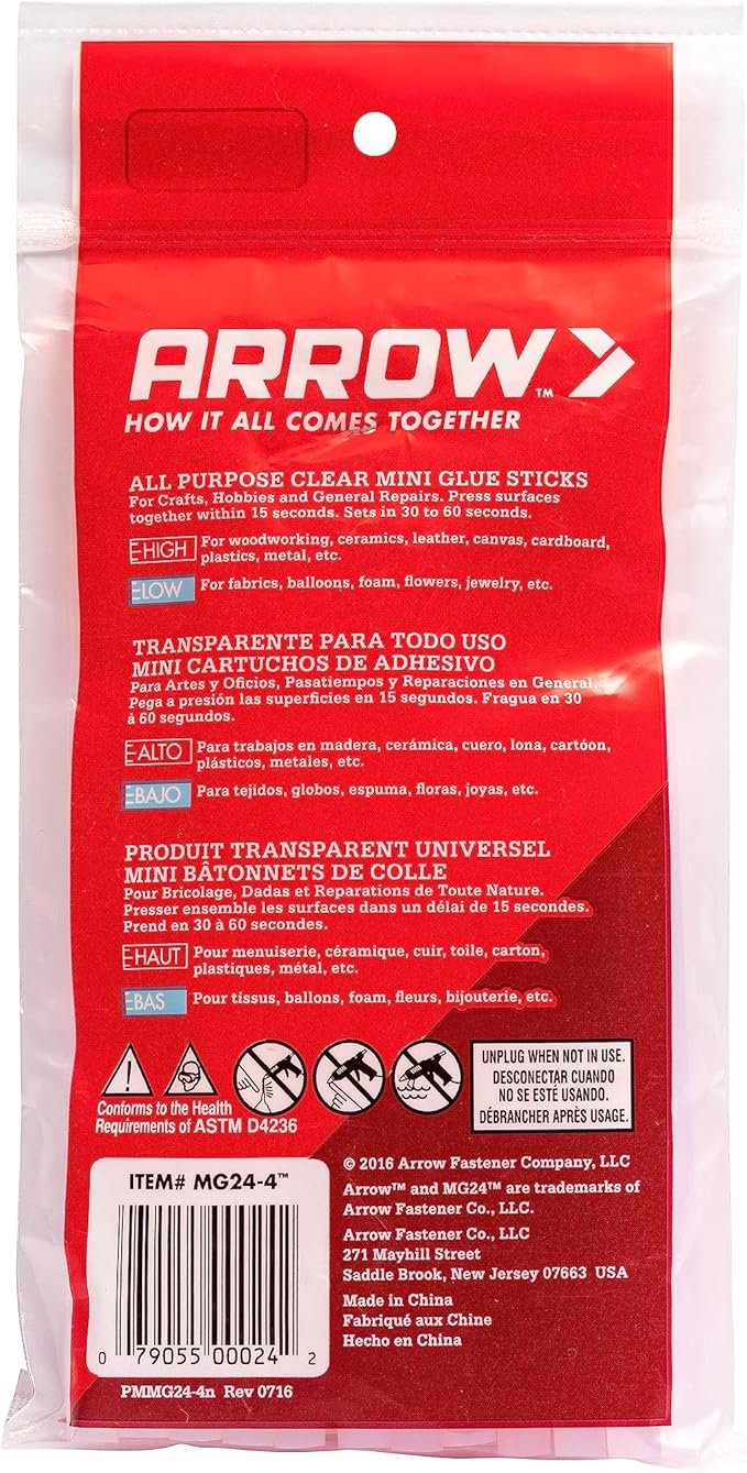 Arrow MG24-4 All Purpose Mini Glue Sticks for Hot Glue Guns, Use for High Temp and Low Temp Crafting, Hobbies, and General Repair Projects, 4-Inch by 5/16-Inch, Clear, 24-Pack