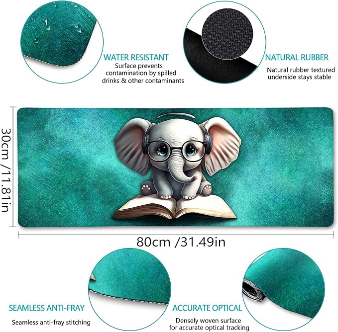 LIMKRIAN Desk Mat, Mouse Pad for Desk Office Decor, 31.5x11.8 in, Elephant | Cute Back to School Desk Pad, Big Mousepad, Stitched Edges, Smooth, Non-Slip, Home Office School Supplies Desk Accessories