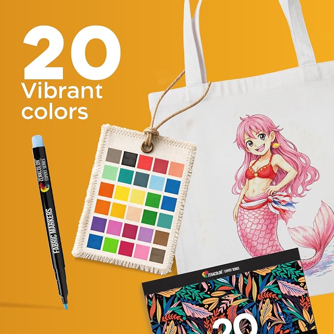 Zenacolor 20 Fabric Markers Pens Set - Indelible and Permanent Fabric Paint Fine Point Textile Marker Pen