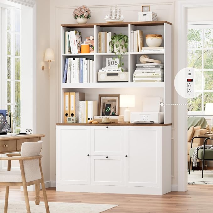 72'' Tall File Bookcase with Power Outlet & Printer Stand, 2 Filing Drawers | Bookshelf with Doors & 2 Adjustable Drawers for Hanging Letter/A4 File, Wood File Cabinets For Home Office Storage, White