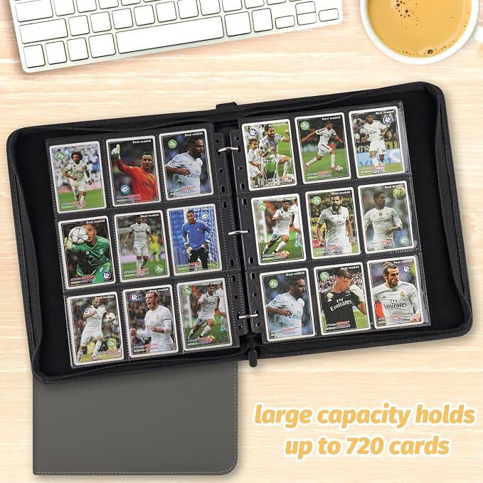 GERMUN 3 Ring 9 Pocket Zipper Card Binder, 720 Double Sided Standard PU Trading Card Album Folder for TCG & Sports Cards, Not Fit Top Loaders (GREY)