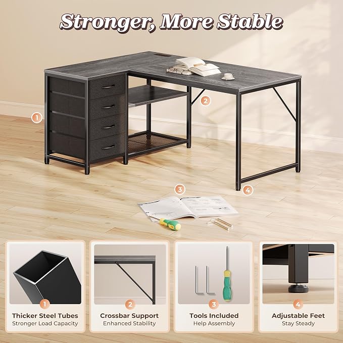 43.3" Small L Shaped Desk with Power Outlets & 4 Drawers | Reversible Computer Desk with 2 Storage Shelves, Corner Office Desk for Gaming Writing Work Study, Grey