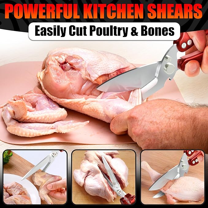 4-in-1 Kitchen Shears Heavy Duty – Sharp Seafood, Poultry Shears & Chicken Scissors with Non-Slip Metal Handle & Micro-Serrated Blades for Meat – Spring-Loaded Bone Cutting Scissors with Safety Lock