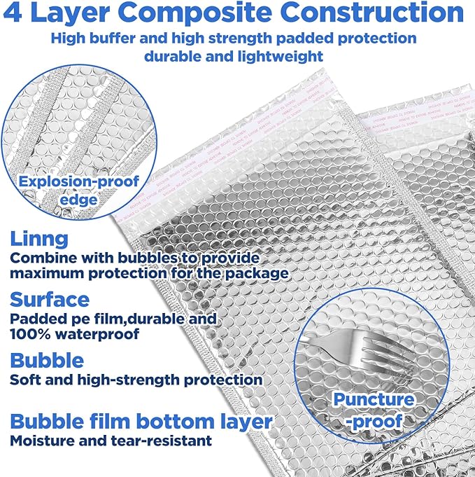 Thermal Bubble Mailers, 20 Pack Silver Metallic Insulated Shipping Bags, 8 x 11 Inch Self Seal Waterproof Foil Mailing Envelopes