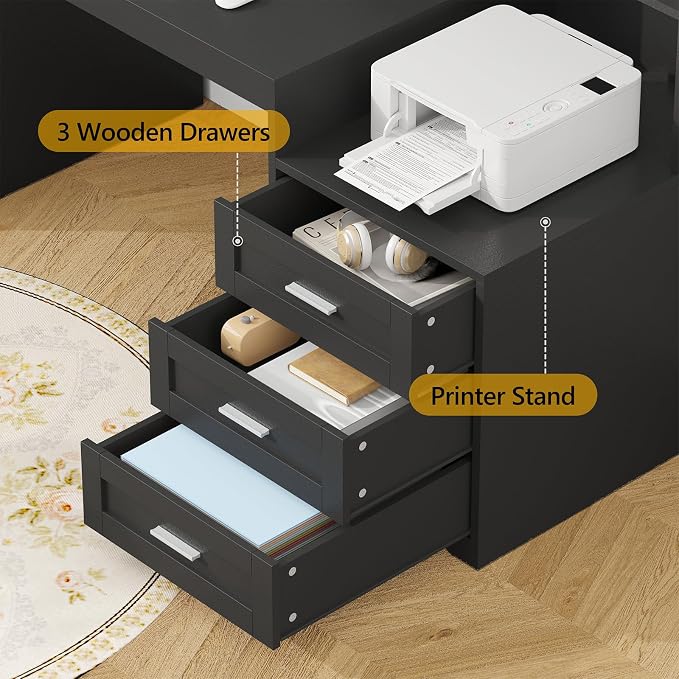 65" Farmhouse Computer Desk with Drawers and Printer Stand for Home Office | Office Desk with Power Outlets and Storage Cabinet, Study Writing Desks with Long Monitor Stand, Black