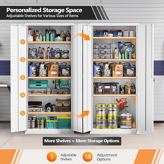 VINGLI Metal Garage Storage Cabinet with 2 Doors and 5 Adjustable Shelves, 71" Tall Steel Lockable File Cabinet, Locking Tool Cabinets for Home Office Garage Gym School (White)
