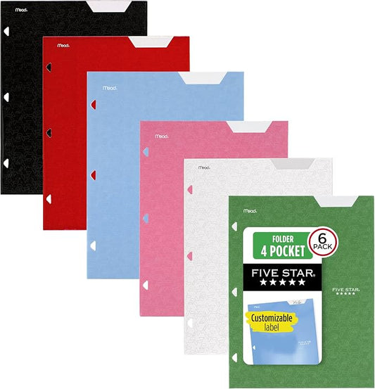 Five Star 4-Pocket Folder,Paper Folder,Fits 3-Ring Binders,Holds 8-1/2" x 11" Paper,Assorted Colors (38058),6 Count (Pack of 8)