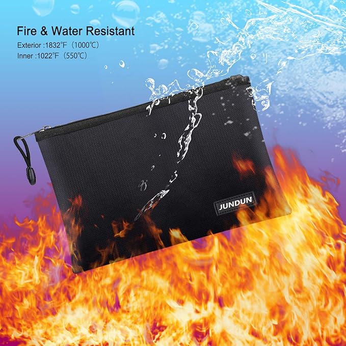 JUNDUN Fireproof Document Bags,14.2”x 10.0”Waterproof and Fireproof Money Bag with Aluminum Foil Lining,Fireproof Safe Storage Pouch with Zipper for Document and Cash，Black