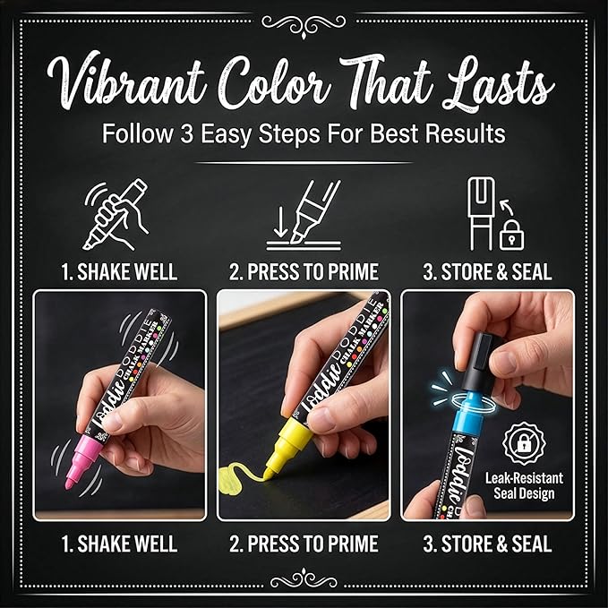 Loddie Doddie Chalk Markers - Pack of 24, 6mm Reversible Tips - Liquid Chalk Pens for Glass & Windows - Dry Erase Chalkboard Markers for Blackboard & Calendars - Non-Toxic Pens for Art & Decor