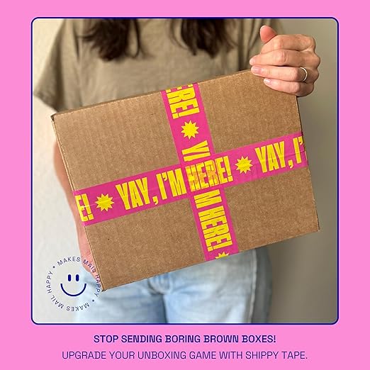 Decorative Packing Tape with Pink Dispenser – Yay I’m Here! Pink & Yellow, 1.88" x 22.2 Yards – Cute Printed Shipping Tape for Gifts, Small Business Essentials, and Mailers
