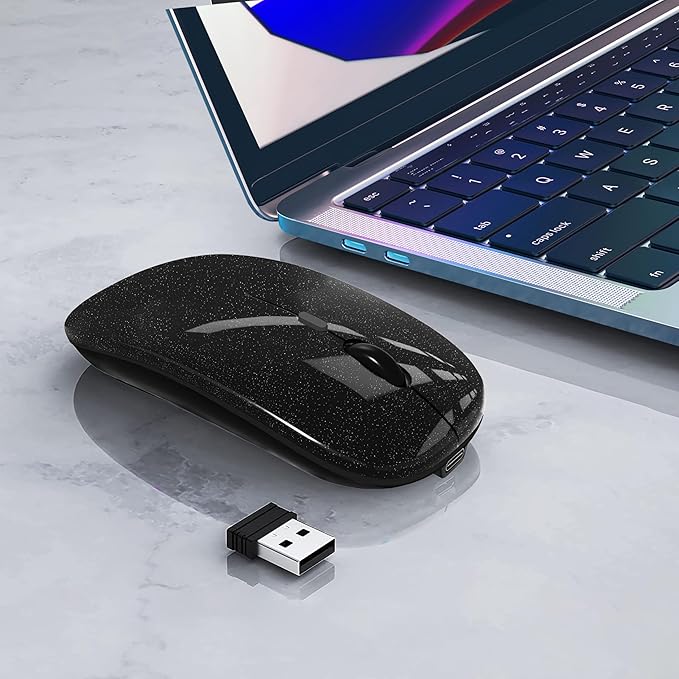 Wireless Bluetooth Mouse Rechargeable Laptop Mice Silent Slim Use(Bluetooth5.2 and Portable 2.4GHz USB Receiver)Dual Mode Computer Mouse for Laptop/iPad/Tablet/Apple/Computer/Mac(Bright Black)