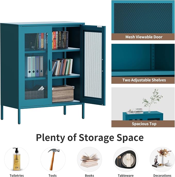 Washsemba Metal Storage Cabinet with Mesh Doors,Steel Display Cabinet with Adjustable Shelves,Metal Office Storage Locker for Home Office,Garage(Blue, 40''H)