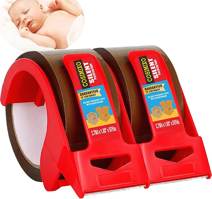2-Pack No Noise Brown Packing Tape with Dispenser,2.7mil x 1.88" x 55Yds Heavy Duty Noiseless Packing Tape,Tan Packaging Tape for Shipping, Industrial Grade Moving Tape for Boxes COSIMIXO