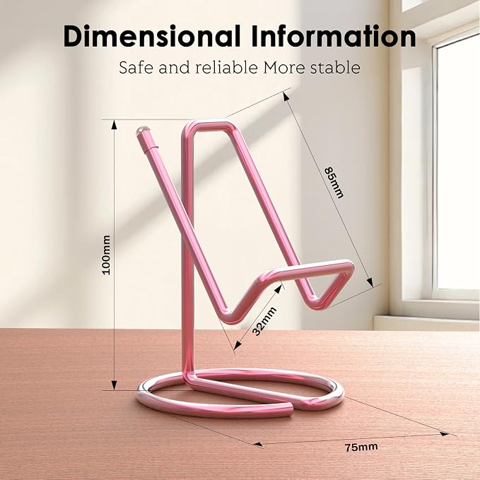 Metal Cell Phone Stand for Desk, Cute One-Piece Phone Holder, Stable Desktop Display Dock for iPhone, iPad, Samsung, Tablets & All Mobile Phones, Pink