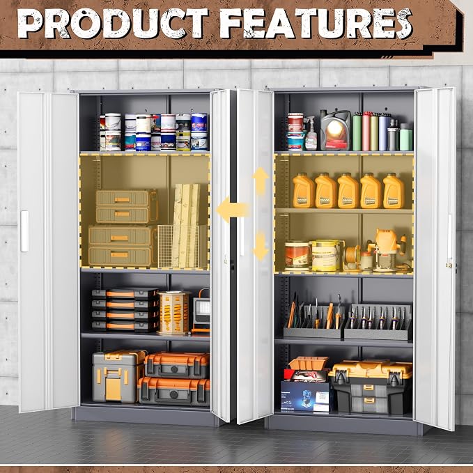 Metal Storage Cabinet, 72” H Storage Cabinet with Doors and Adjustable Shelves for Office, Home, Garage, Pantry (Assembly Required, Grey White)