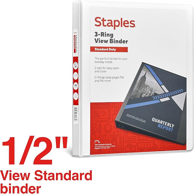 Staples 1/2" 3-Ring View Binder, D-Ring, White, 4/Pack