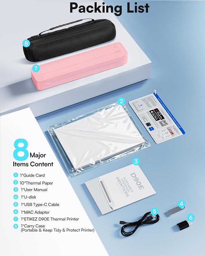 D90E Inkless Portable Thermal Printer with Case 1pack, Pink | Wireless Bluetooth Small Compact Mobile Printer for Travel/Office/School/Home, Compatible with iPhone, Tablet & Laptop