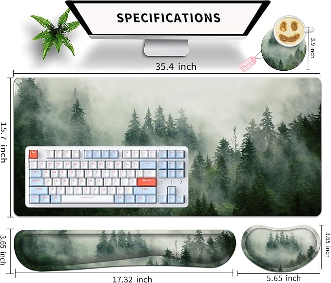Forest Desk Pad Large Gaming Mouse Pad Set 35.4 x 15.7 with Keyboard Wrist Rest, Wrist Support, and Coaster Memory Foam Smooth Desk Pad Mousepad for Home Office School
