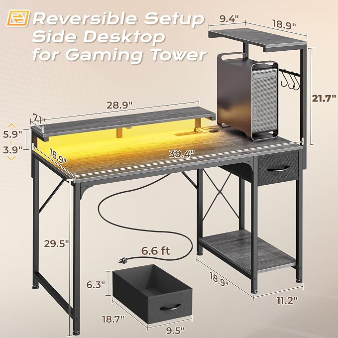 39.4 Inch Gaming Desk with LED Lights & Power Outlets | Small Computer Desk with Drawer & Storage Shelves, Office Writing Desk with Monitor Stand for Work from Home, Grey