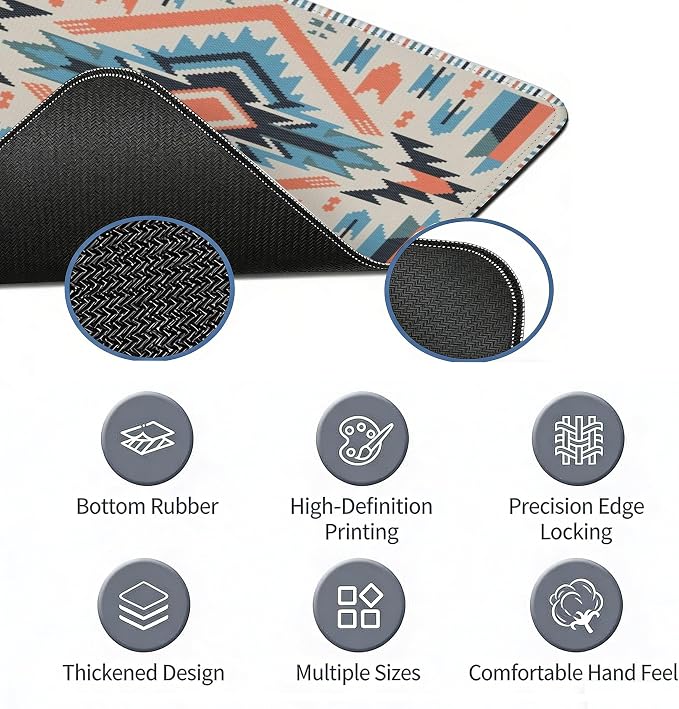 Western Rug Mouse Pads Vintage Southwest Desk Mats for Computers, Retro XL Large Aztec Desk Accessories Office Decor Blue Orange Gaming Full Desks Computer Mat for Women Men 31.5x11.8