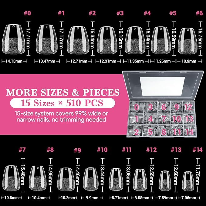 Extra Short Coffin False Nail Tips, 15 Sizes 510 PCS Clear Soft Press On Fake Nail Pre-shaped Half Matte Full Cover Gel Nail Tips Extensions Thick Long Lasting for DIY Beginners & Salon Manicure