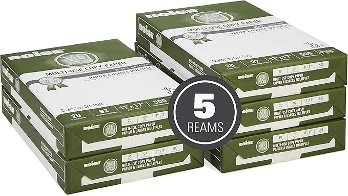 Boise X-9 Multi-Use Printer & Copy Paper, 5 Reams, White, Ledger (11in x 17in), 2500 Sheets Per Case, 20 Lb, 92 Brightness