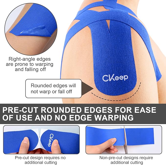 CKeep Kinesiology Tape, 2 Rolls Cotton Latex Free Hypoallergenic Elastic Precut Strips, 2 Inch Wide Waterproof Athletic Tape for Knees Pain Injuries Sprains, Blue