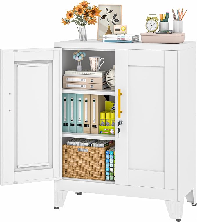 36" Metal File Storage Cabinet with Lock,Steel Locker Organizer, Office File Cabinet with 2 Doors and 2 Adjustable Shelves,Outdoor Tool Garage Cabinets for Home Office,Gym,School,Warehouse(White)