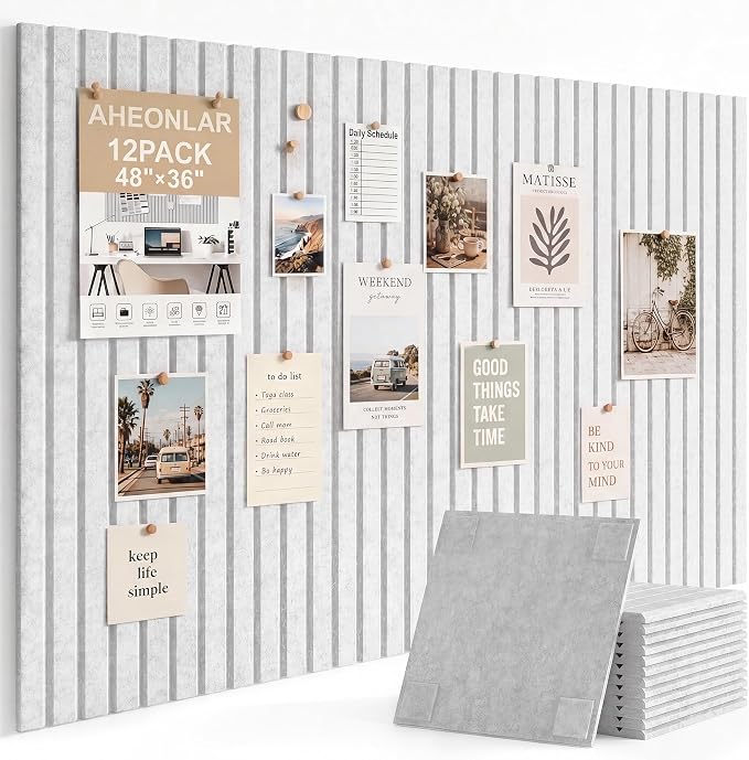 Felt Bulletin Board 48" x 36", Cork Boards for Walls, 12 Pack Bulletin Board Large Cork Board for Office, Felt Boards with 70 Safe Removable Adhesive Tabs Wall Decor for Home(Light Gray)
