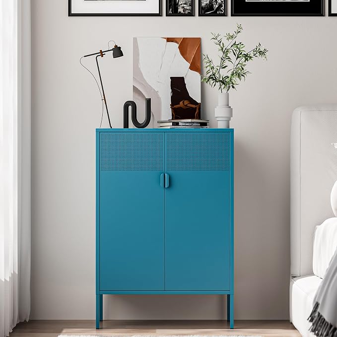 Washsemba 2 Mesh Door Metal Cabinet with Adjustable Shelves, Multipurpose Peacock Blue Storage Cabinet, 3-Tier,Metal Storage Cabinet for Office Home,Hallway(Peacock Blue, 47''H)