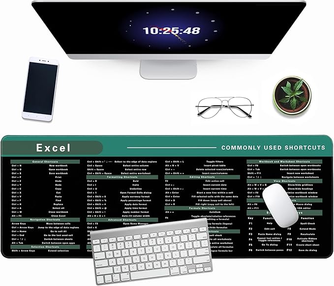 Excel Cheat Sheet Desk Pad, 31.5"x11.8", Waterproof Extra Large Excel Shortcut Mat with Stitched Edges, Anti-Slip Excel Mouse Pad for Office Desk, MS Excel/Word Shortcuts (Green Excel D)