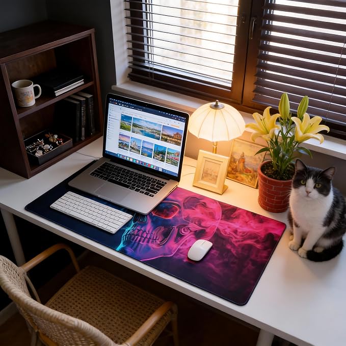 Aesthetic Skull Gaming Mouse Pad, Blue Pink Cyber Desk Mat with Anti-Slip Base & Stitched Edges,35.4" x 15.7" in Table Mat for Computer Desktop, Beautiful Workstation Decor