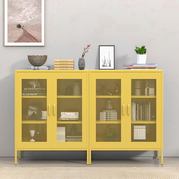 Chshin Metal Locker Storage Cabinet with 2 Mesh Doors and Adjustable Shelves,Yellow Metal Locker Cabinets,Coffee Bar Cabinet,Kitchen Pantry Storage Cabinets for Home,Sideboard,Office(40" H)