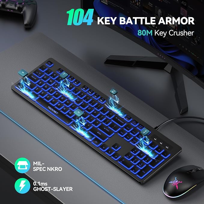 TECKNET Wired Keyboard, Silent Typing, Full-Size Layout,RGB Backlit | Spill-Resistant Design, USB-A Plug & Play, Slim Membrane Keys, Office Ready, PC, Laptop & Mac Compatible