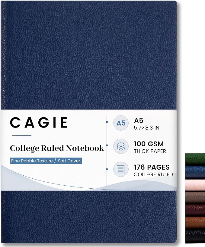 CAGIE Lined Journal Notebook for Men & Women,176 Pages A5 Medium Size, Softcover Leather Journals for Writing, College Ruled Notebook for Work & School, 100 GSM Thick Paper (5.7'' x 8.3'') (Navy Blue)