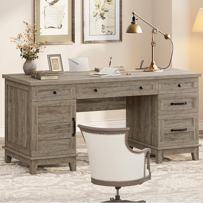 IDEALHOUSE Farmhouse Executive Desk 60 Inch, Wooden Home Office Desk with Adjustable Storage Cabinet, Built-in Charging Port, File Cabinet for Writing & Study, Elegant Workstation, Retro Gray