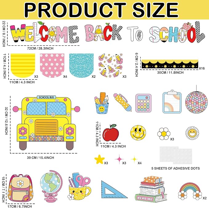 Welcome Back to School Bulletin Board Decorations Set Colorful Stationery Classroom Decor Colorful Bus Pencil Notebook Schoolbag for First Day of School Office Wall Door Teacher Supplies