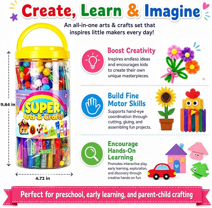 FUNZBO Arts and Crafts Supplies for Kids - Kindergarten School Craft Kit | with Glitter Glue Stick, Glue, Pipe Cleaners Craft and Kids' Scissor, Birthday Gifts for Toddler Girls Boys Age 4+