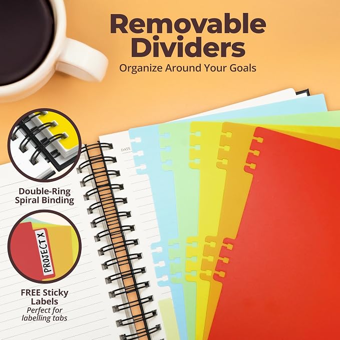Hardcover Lined Spiral Notebook with Removable Dividers Leather Bound Black | 8x10" 300 Pages College Ruled 5 Subject Notebook for Work - with Tabs, Pockets, and Pen Loop for Note Taking, Large Journal