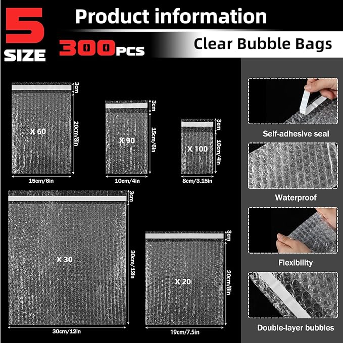 Frienda 300 Pcs Self Adhesive Bubble Bags Packing Pouches, Mixed Sizes | Double Wall Clear Protective Wrap, Shockproof for Small Business Shipping Packaging, Cushioned Fragile Items Protection