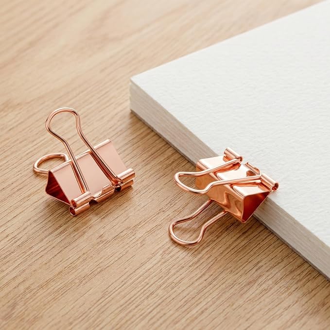 Rose Gold Binder Clips, 100PCS, Assorted Sizes | Solid Metal, Stainless Steel Handle, Aesthetic Desk Supplies, Office School Crafts & Document Organizing