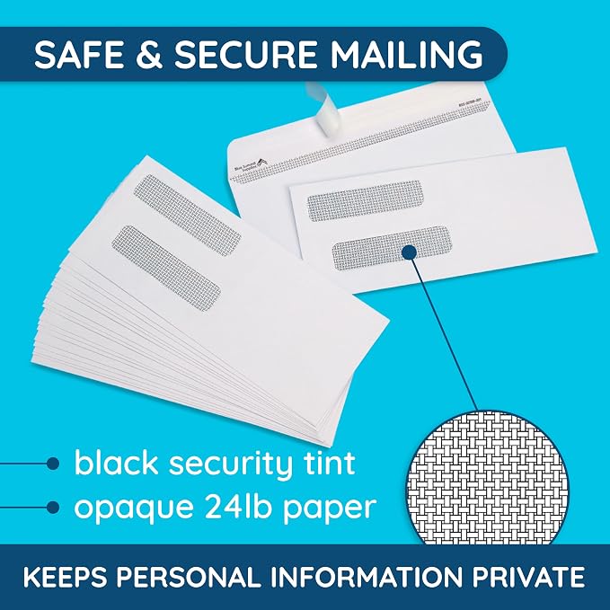 Blue Summit Supplies 500#8 Double Window Security Envelopes, Self Seal | 3 5/8 x 8 11/16 in, security tint, self seal, for QuickBooks checks, business check mailings